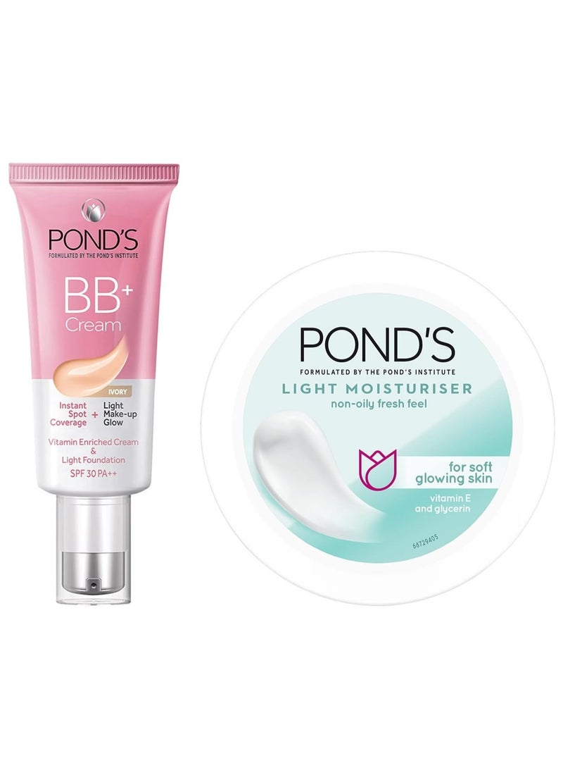 Pond's PONDS BB+ CREAM ivory instant spot coverage + light make up glow vitamin enriched cream & lightweight foundation spf 30PA+++ 30(g) & POND'S Light Moisturiser Cream, 100ml - Image 1
